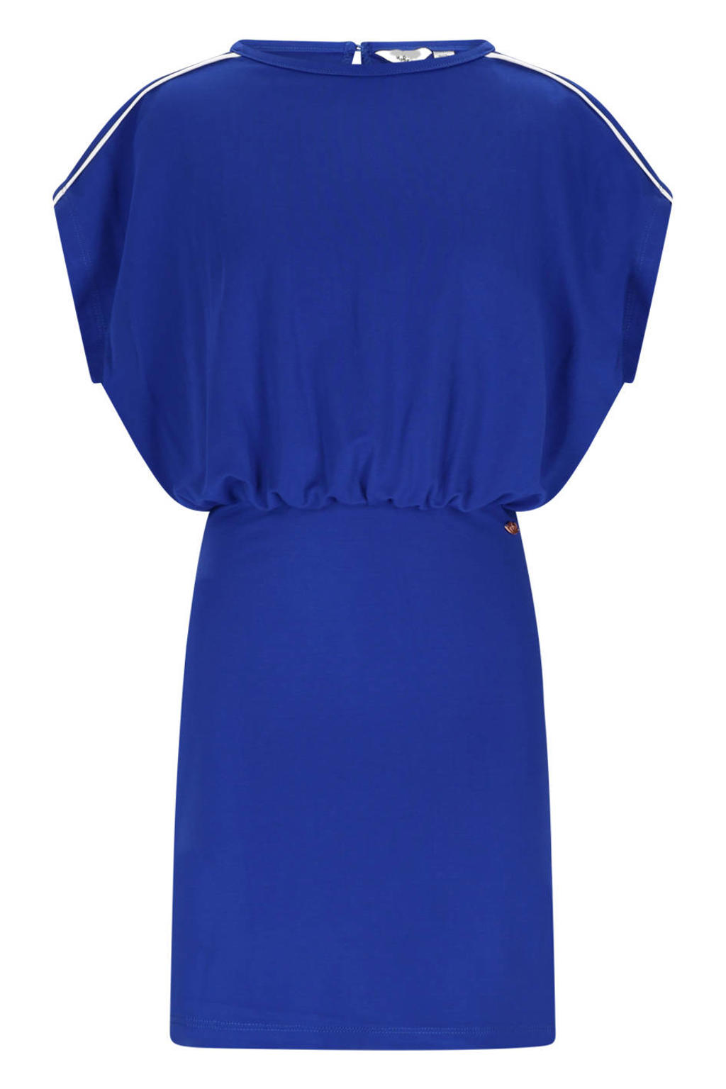 Blauwe meisjes NoBell’ midi jurk van katoen met effen, korte mouwen, ronde hals en contrast bies