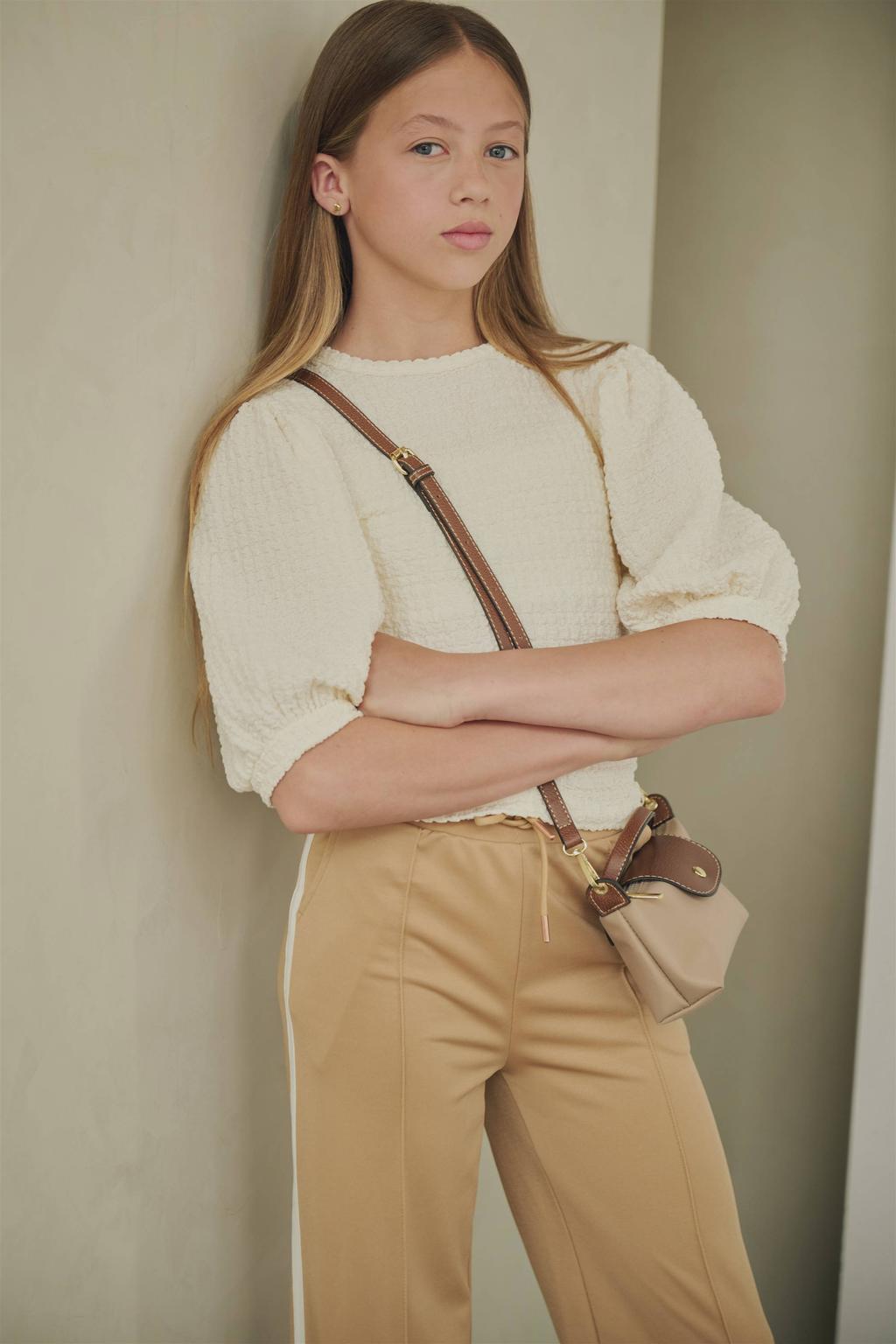 Ecru meisjes NoBell’ blousetop van polyester-katoen met effen, half lange mouwen, ronde hals, knoopsluiting en textuur