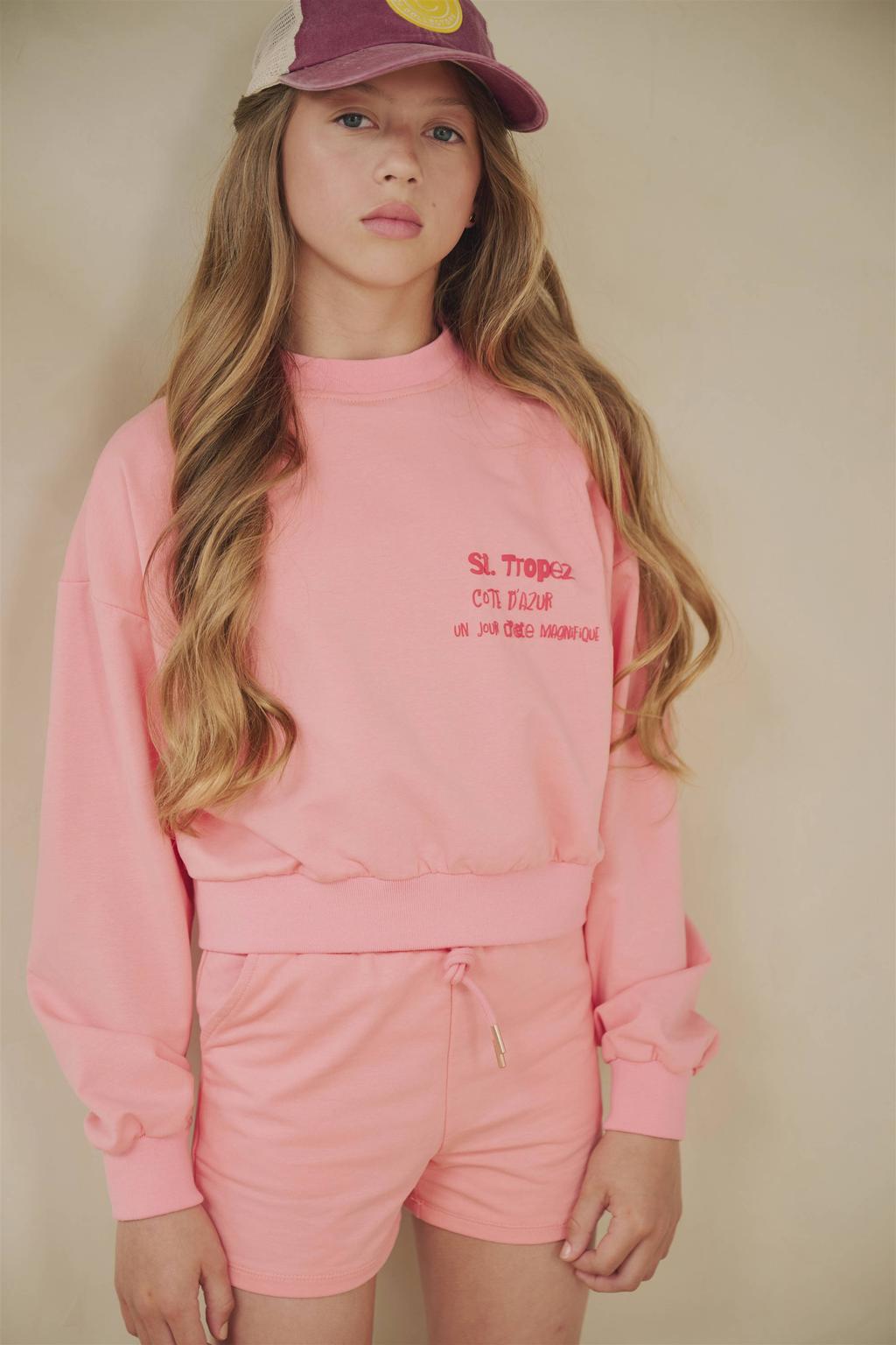 Roze meisjes NoBell’ regular waist gebloemde sweatshort met elastische tailleband met koord