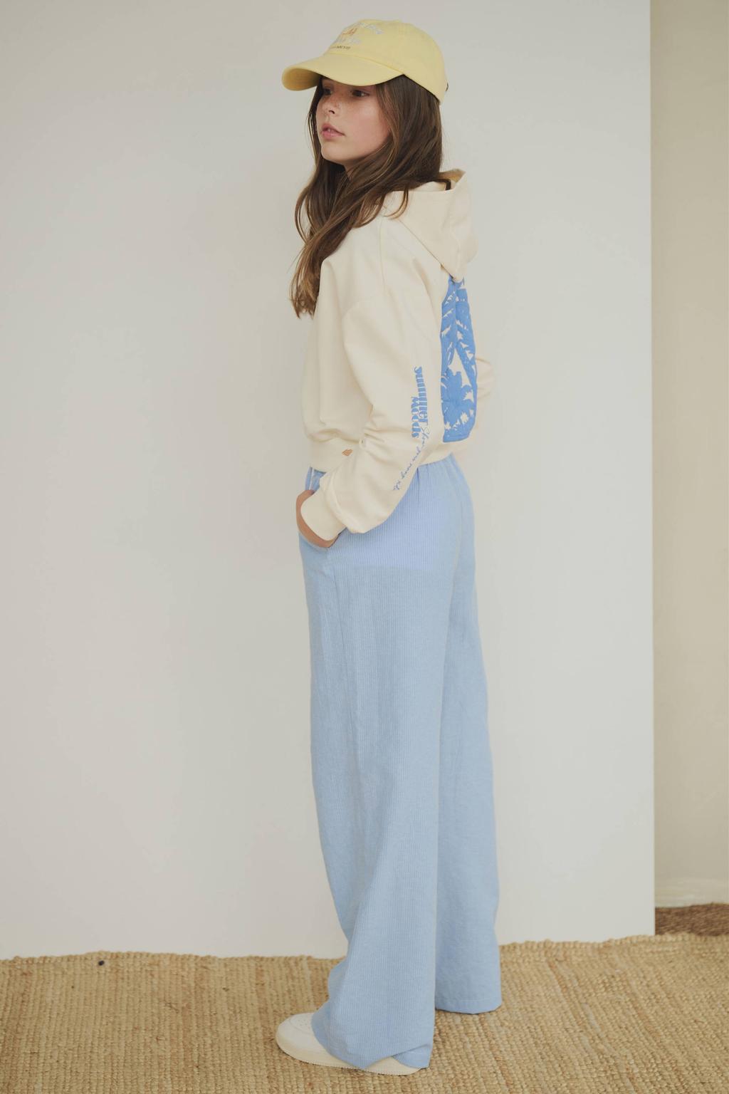 Lichtblauwe meisjes NoBell’ wide leg gestreepte casual broek met elastische tailleband met koord