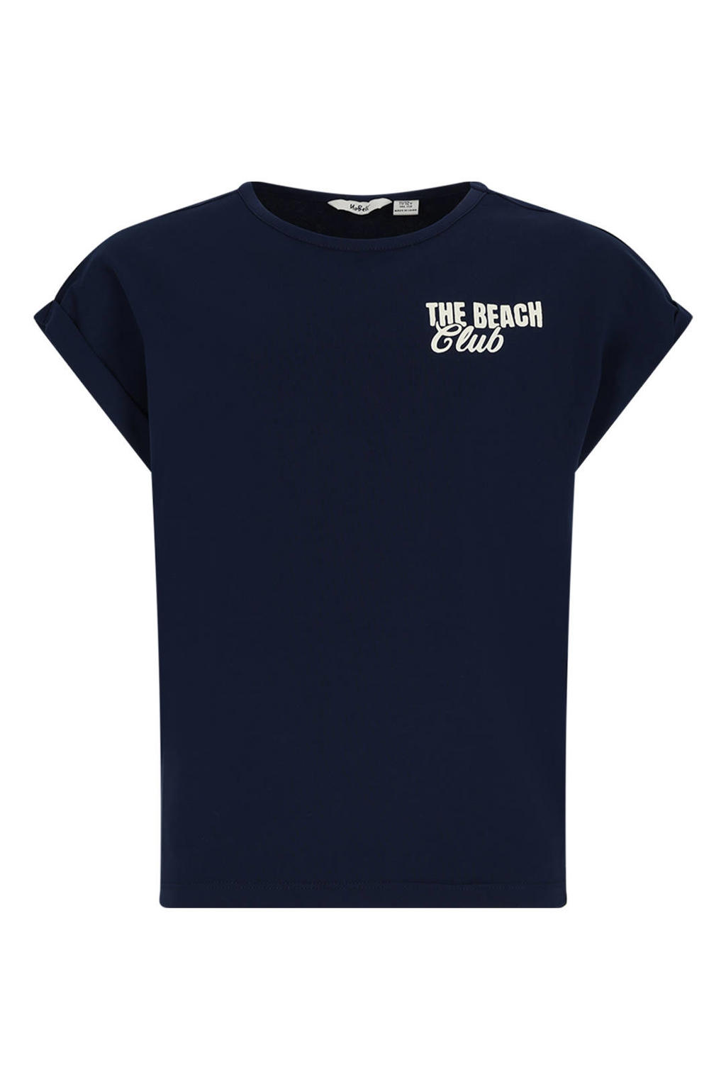 Donkerblauwe meisjes NoBell’ T-shirt van stretchkatoen met backprint, korte mouwen en ronde hals