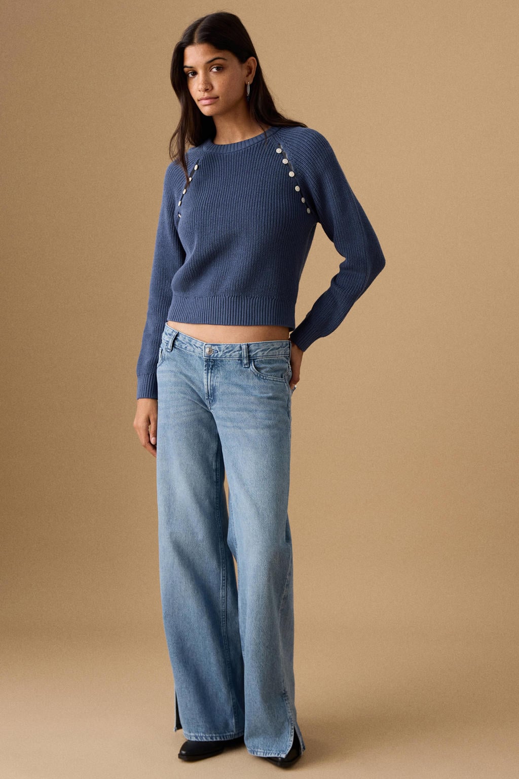 Blauwe meisjes MANGO TEEN trui rib gebreid van katoen met effen, lange mouwen en ronde hals