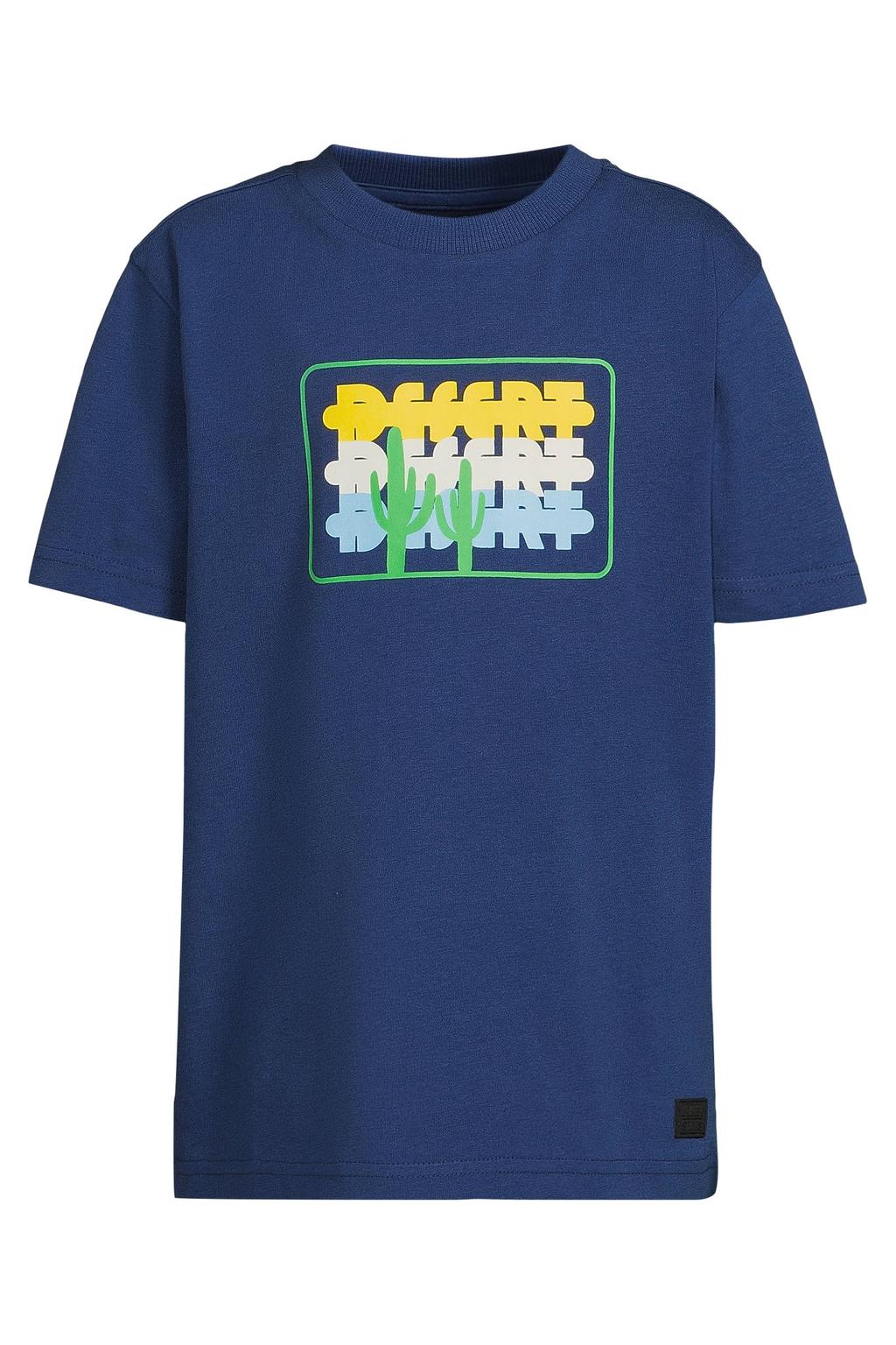 Donkerblauwe jongens Orange Stars T-shirt van katoen met printopdruk, korte mouwen en ronde hals