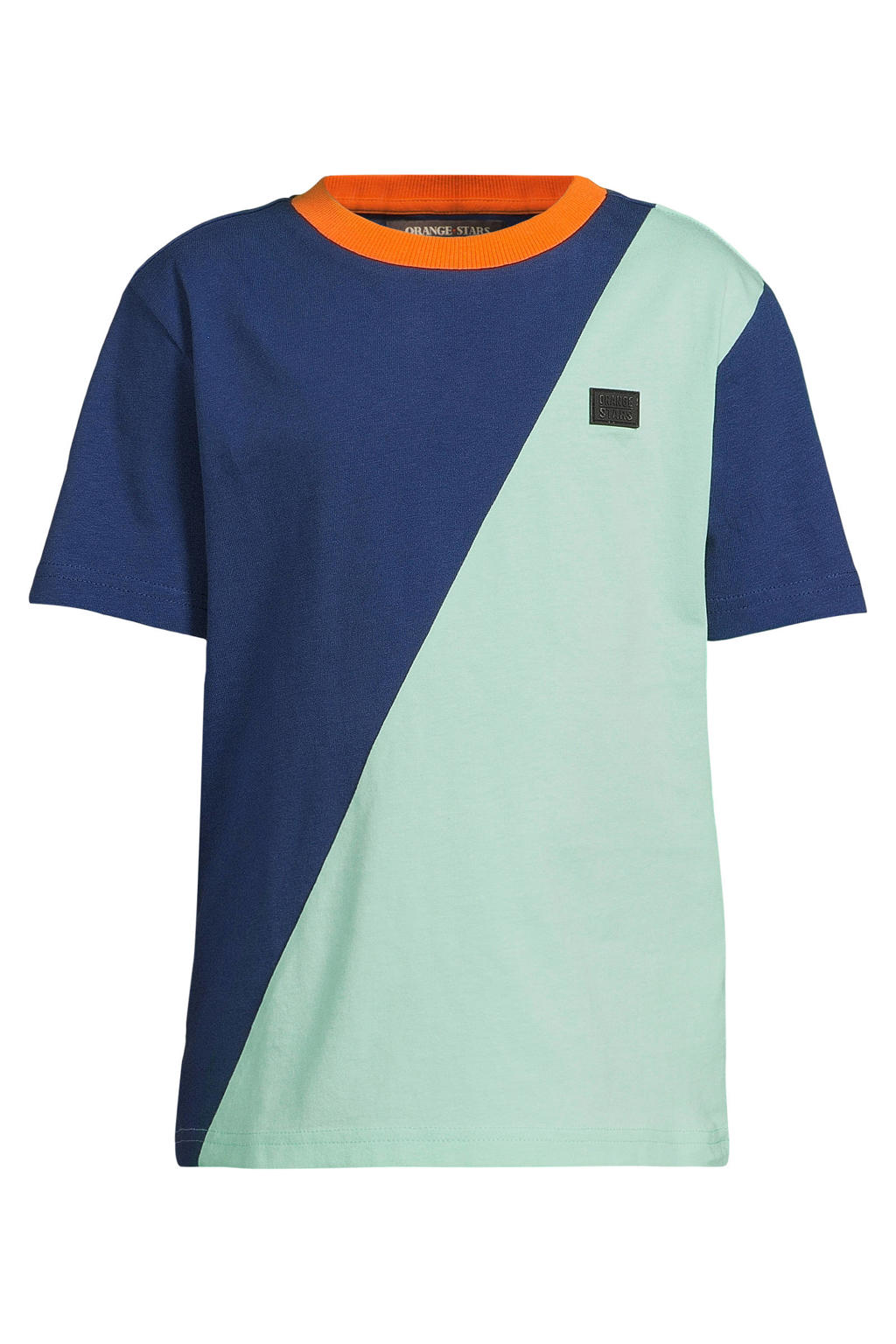 Donkerblauw en mintgroene jongens Orange Stars T-shirt van katoen met meerkleurige print, korte mouwen en ronde hals