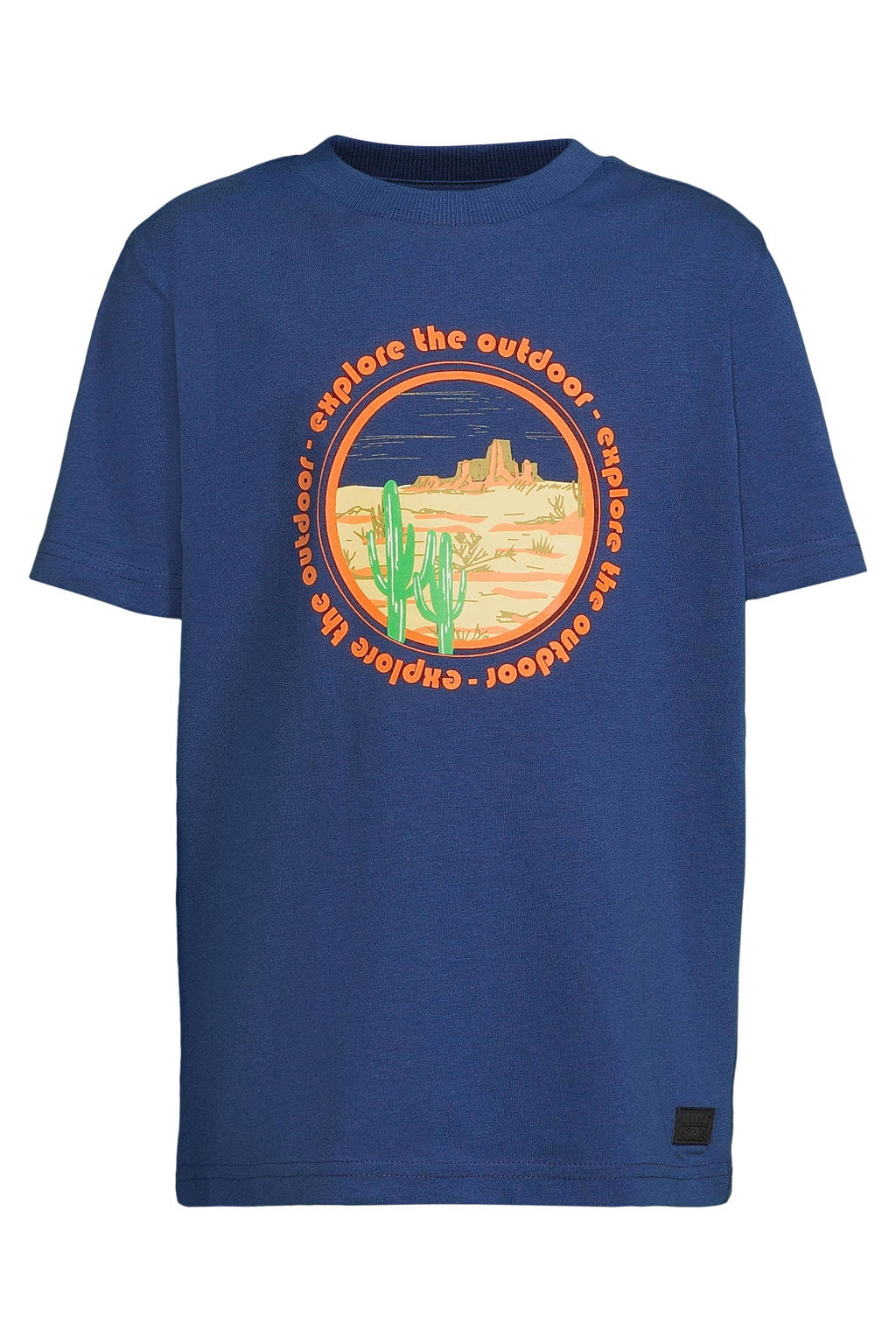 Donkerblauwe jongens Orange Stars T-shirt van katoen met printopdruk, korte mouwen en ronde hals