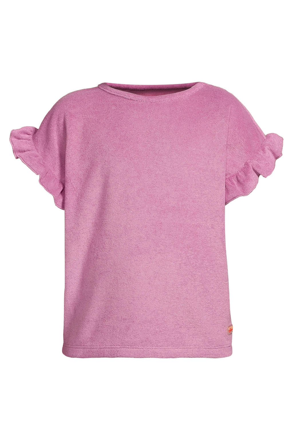Paarse meisjes Orange Stars T-shirt van badstof met effen, korte mouwen, ronde hals en ruches