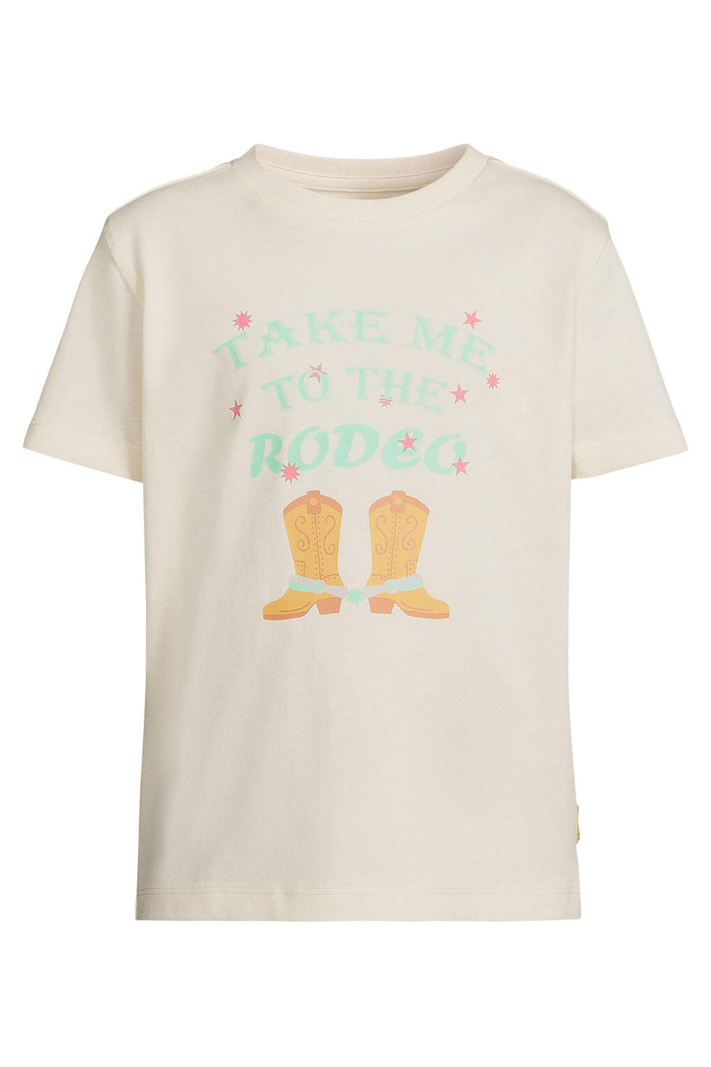 Ecru meisjes Orange Stars T-shirt van katoen met printopdruk, korte mouwen en ronde hals