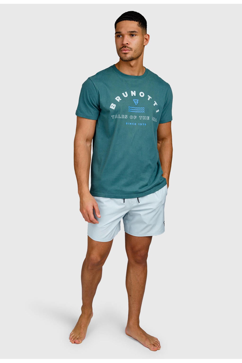 Petrolkleurige heren Brunotti T-shirt van katoen met printopdruk, korte mouwen en ronde hals