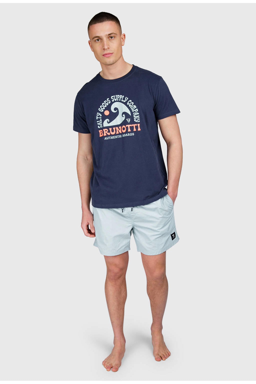 Donkerblauwe heren Brunotti T-shirt van katoen met printopdruk, korte mouwen en ronde hals