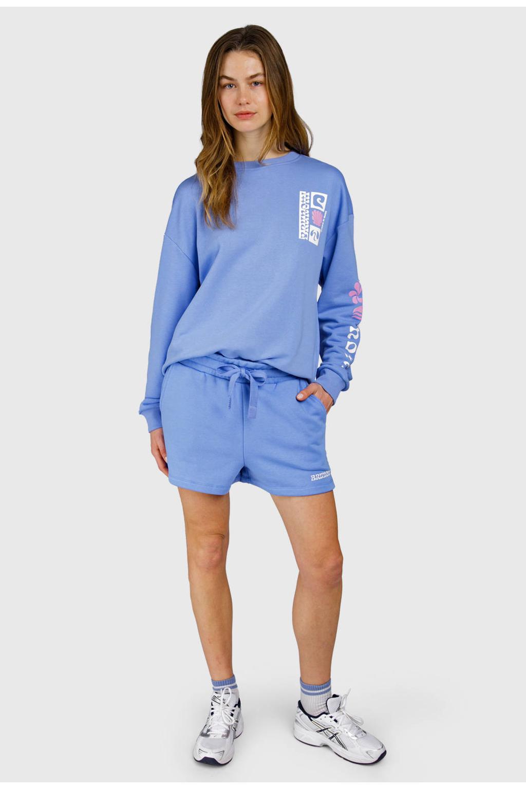 Blauwe dames Brunotti short Milly van sweat materiaal met regular waist en elastische tailleband met koord