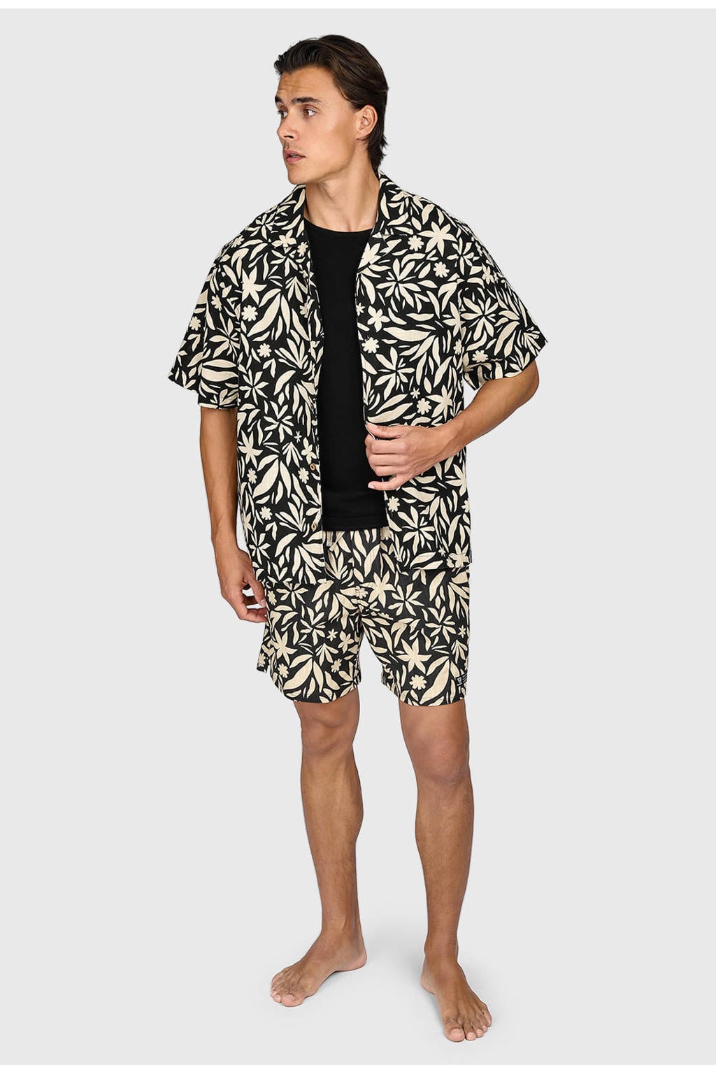 Zwart en ecru heren Brunotti short all over print van katoen met elastische tailleband met koord