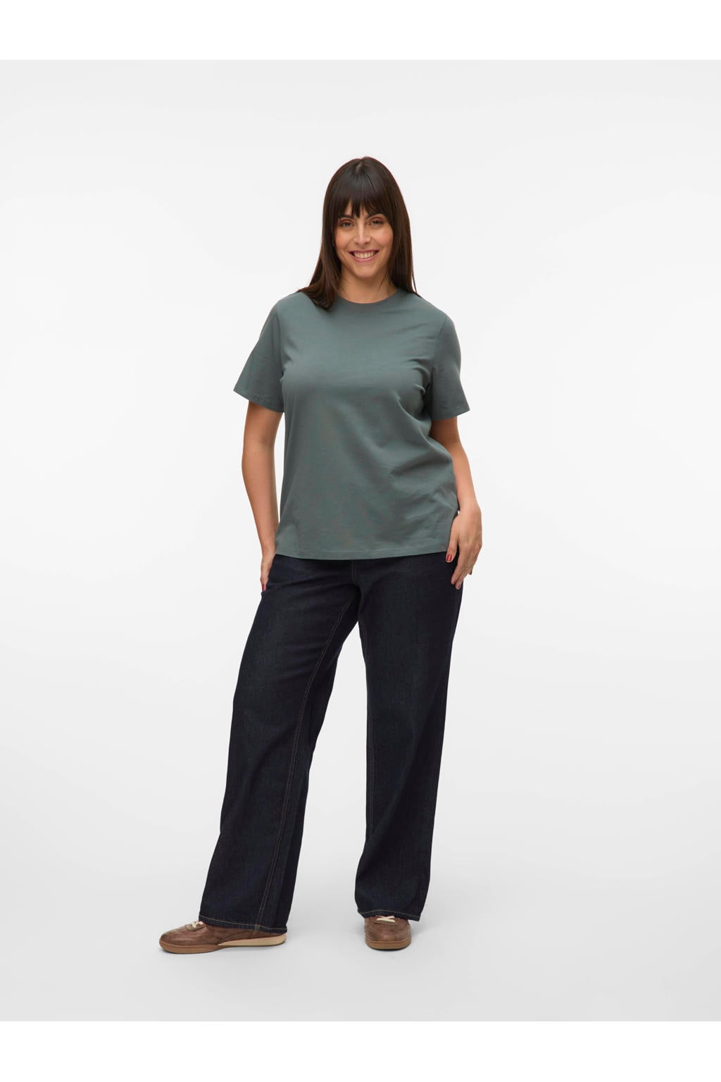 Grijsgroene dames VERO MODA CURVE T-shirt groen van katoen met effen en korte mouwen