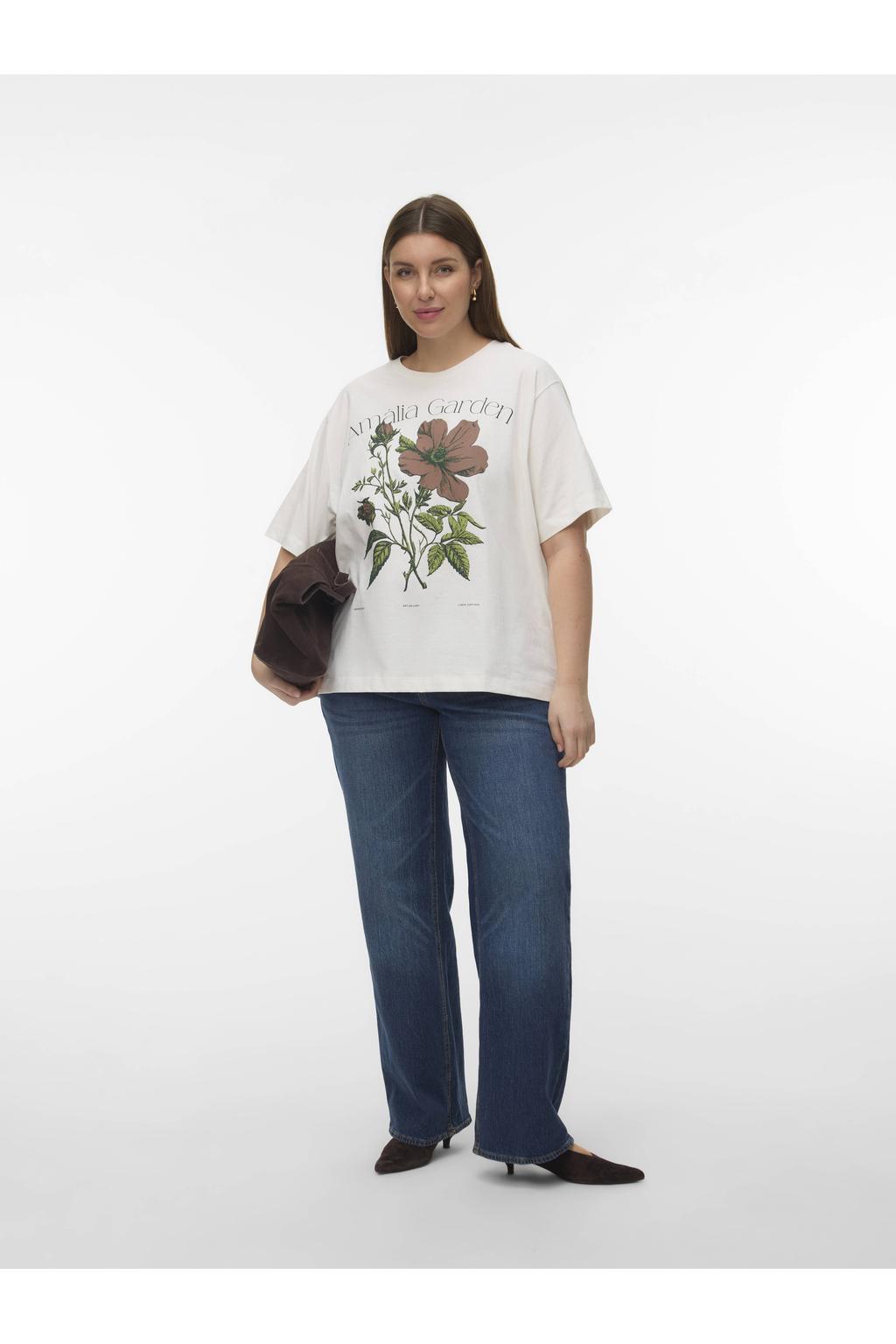 Ecru, roze en groene dames VERO MODA CURVE T-shirt van katoen met printopdruk, korte mouwen en ronde hals