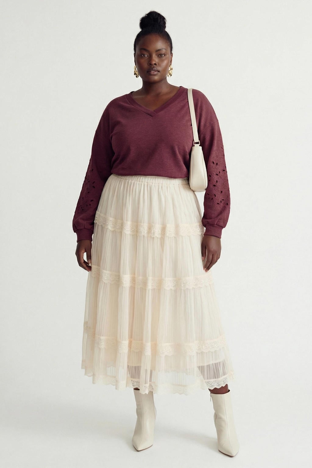 Roze dames VERO MODA CURVE sweater broderie van polyester met effen, lange mouwen en V-hals