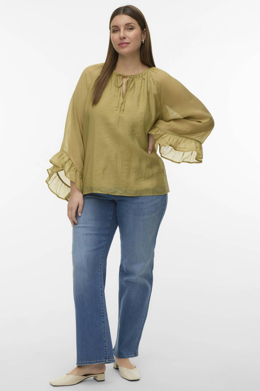 Lichtgroene dames VERO MODA CURVE top van viscose met effen, driekwart mouwen, ronde hals, trekkoorden en geweven detail