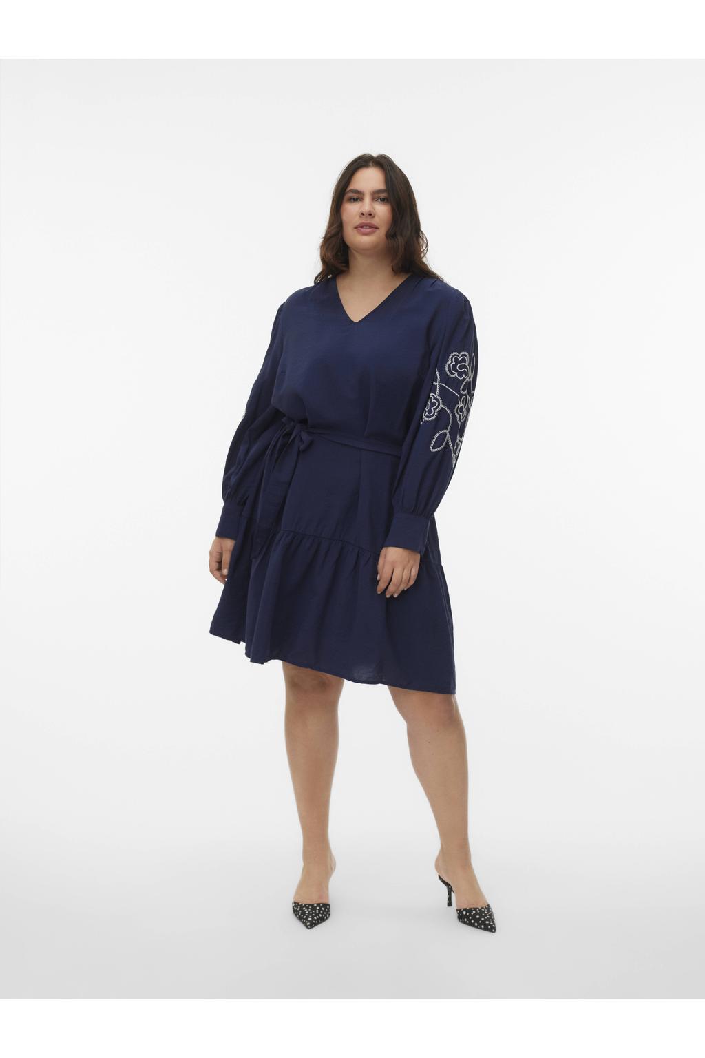 Blauw en witte dames VERO MODA CURVE mini jurk broderie van viscose met effen, lange mouwen en V-hals