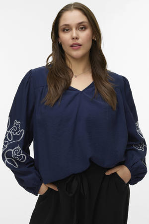 top blauw broderie