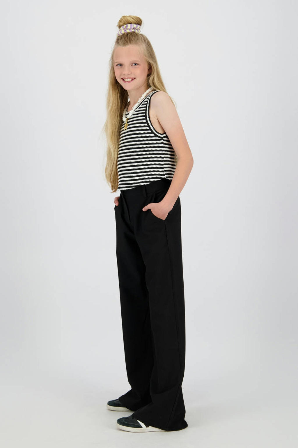 Zwart en witte meisjes Raizzed gestreepte mouwloze top van polyester met ronde hals en textuur