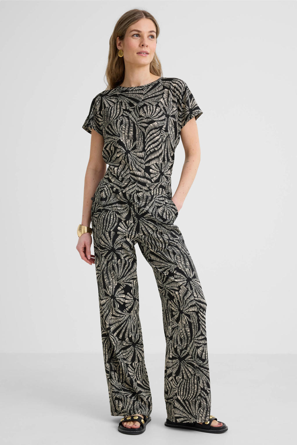 Zwart en ecru dames Tramontana straight regular waist casual broek van polyester met elastische tailleband