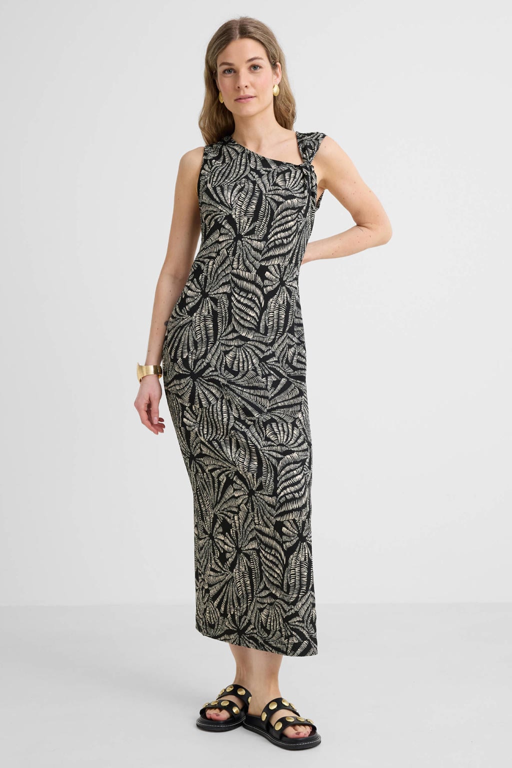 Zwart en ecru dames Tramontana maxi jurk van polyester met one shoulder