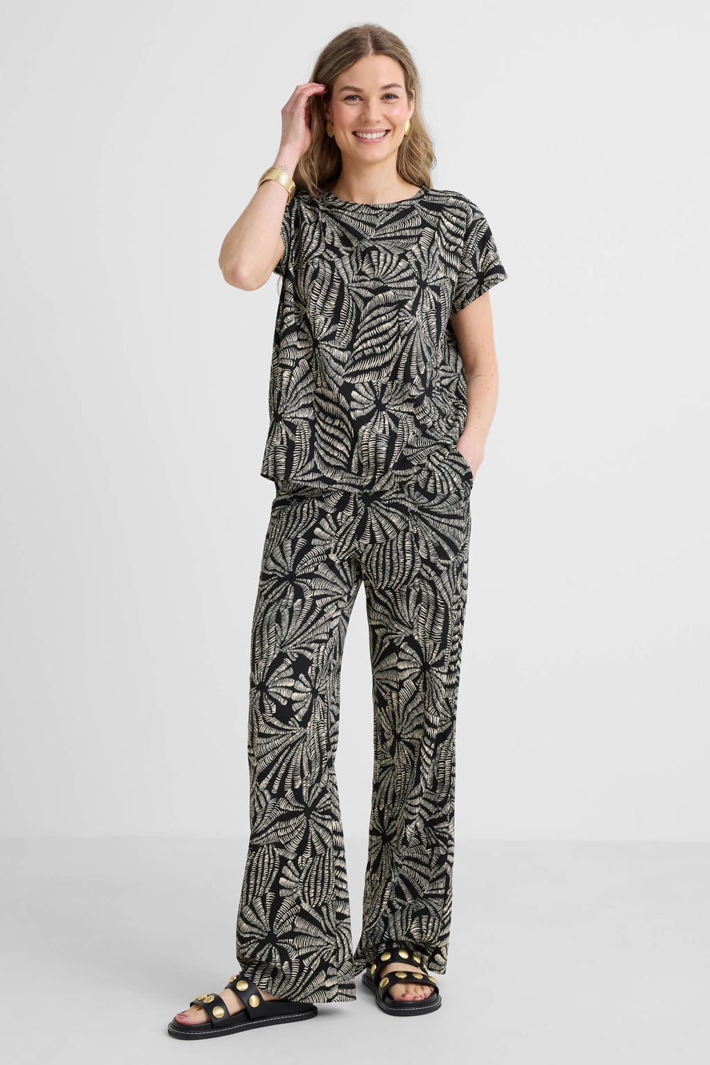 Zwart en ecru dames Tramontana top van polyester met korte mouwen en ronde hals