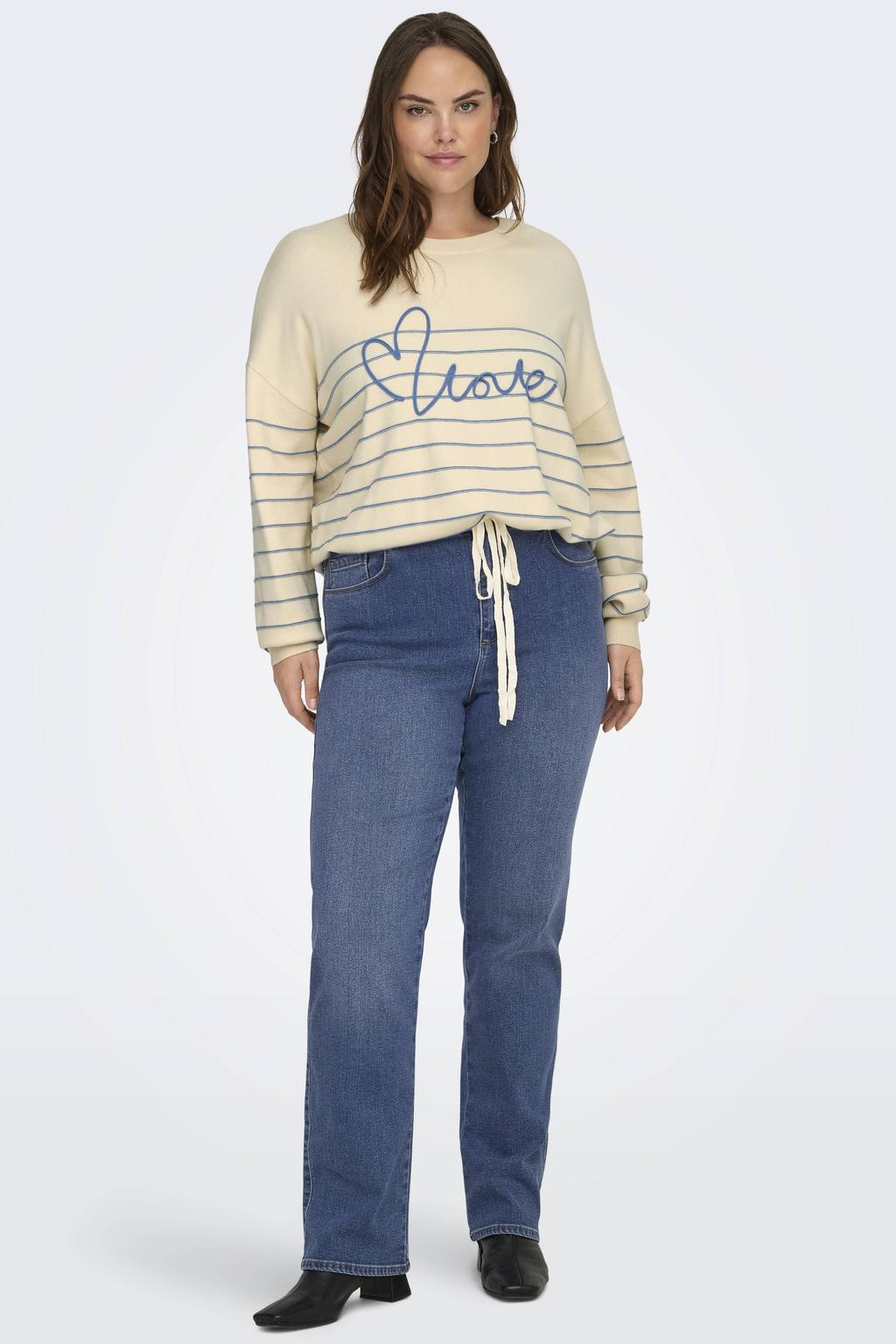 Ecru en blauwe dames ONLY CARMAKOMA gestreepte trui gebreid van modal met lange mouwen en ronde hals