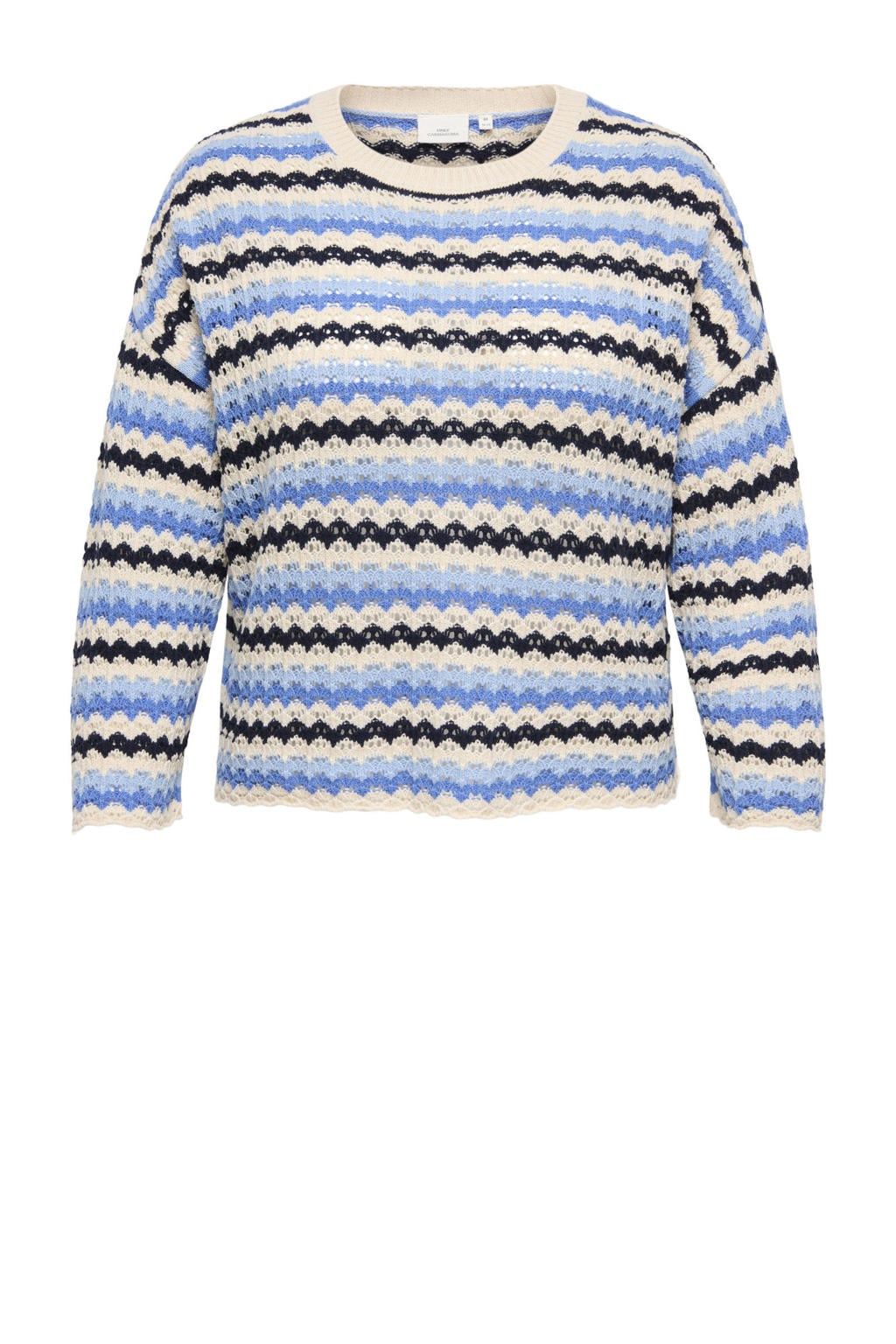 Blauw, ecru en zwarte dames ONLY CARMAKOMA gebreide trui crochet van katoen met effen, lange mouwen en ronde hals