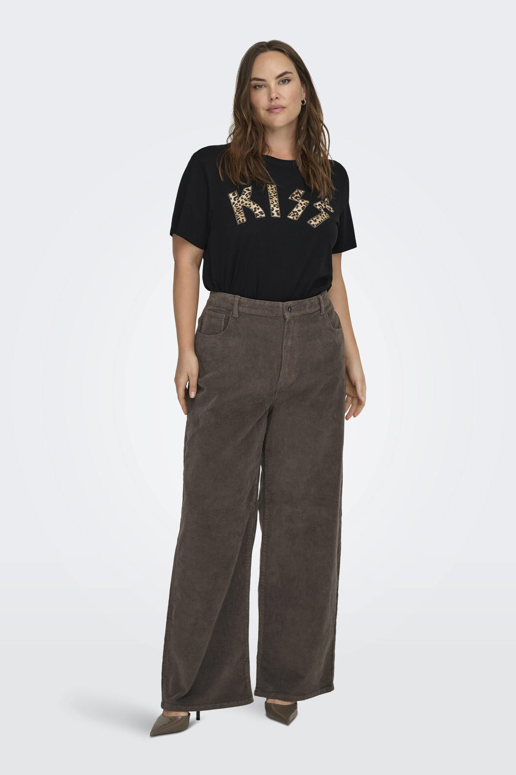 Zwarte dames ONLY CARMAKOMA t-shirt van katoen met effen, korte mouwen en ronde hals