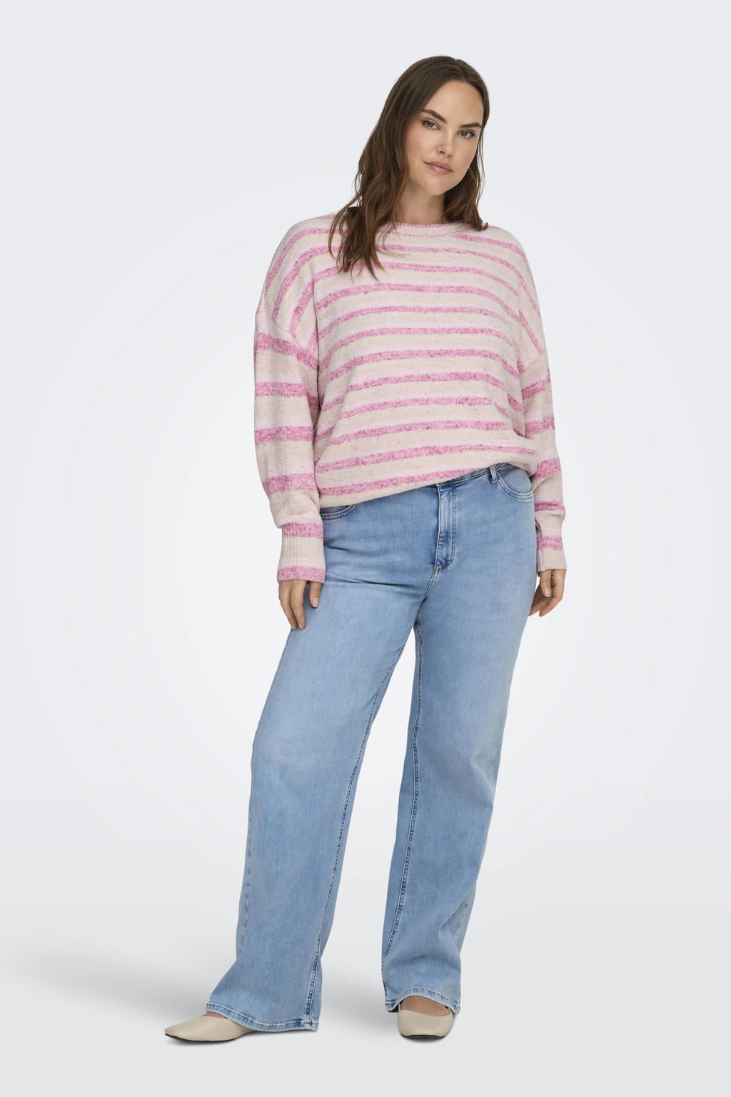 Roze en beige dames ONLY CARMAKOMA gestreepte trui gebreid van polyester met lange mouwen en ronde hals
