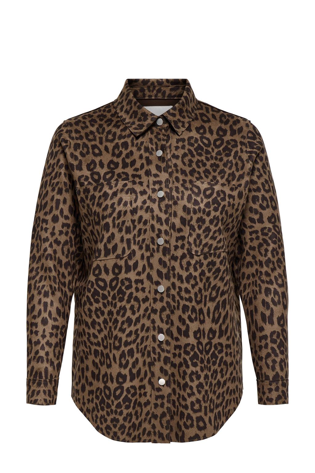 Bruin en zwarte dames ONLY CARMAKOMA spijkerjas van suèdelook met panterprint, lange mouwen, widespread hals en knoopsluiting