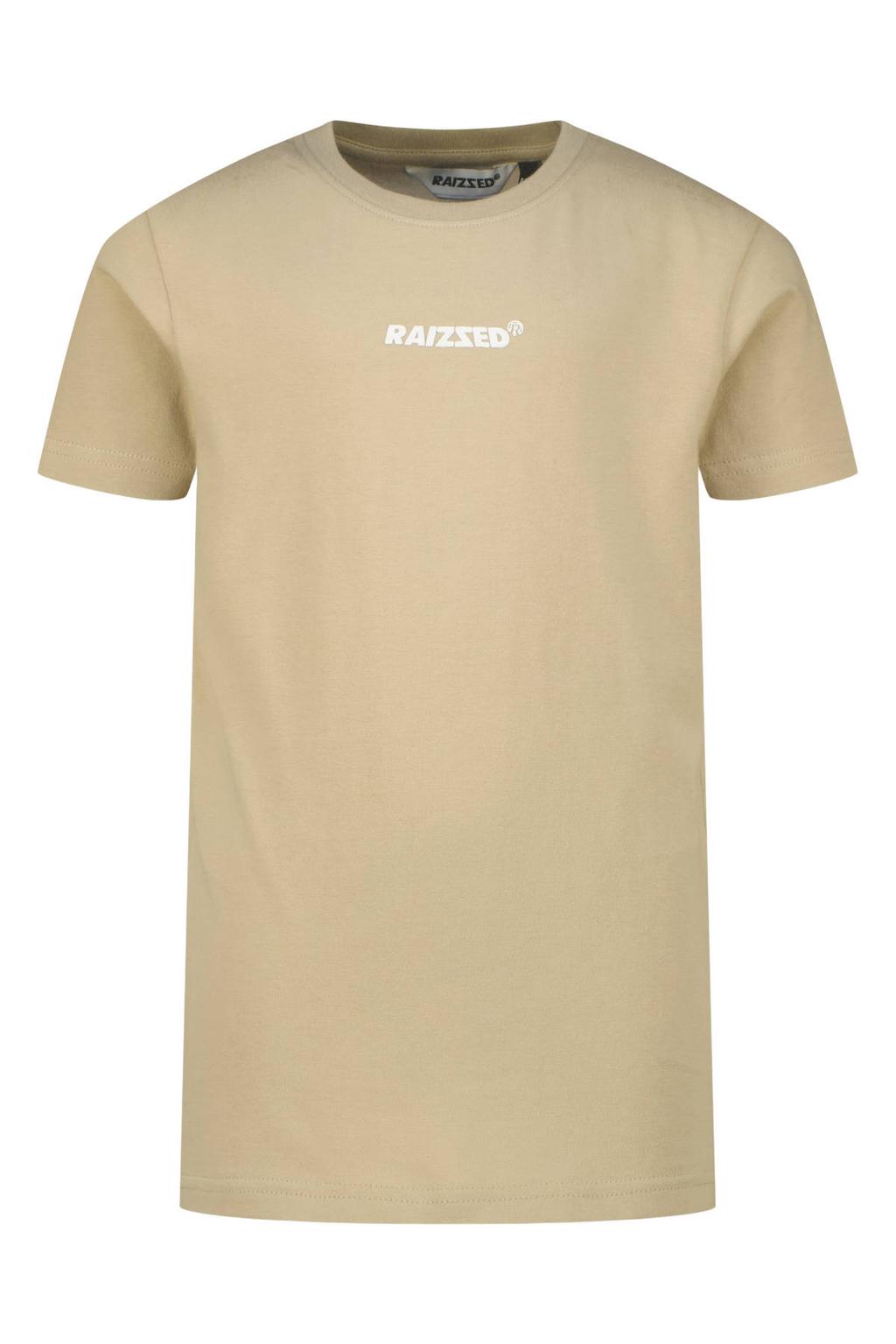 Zandkleurige jongens Raizzed T-shirt van katoen met tekst print, korte mouwen en ronde hals
