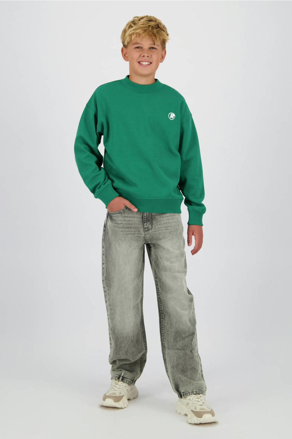 Groene jongens Raizzed sweater met backprint, lange mouwen, ronde hals en geribde boorden