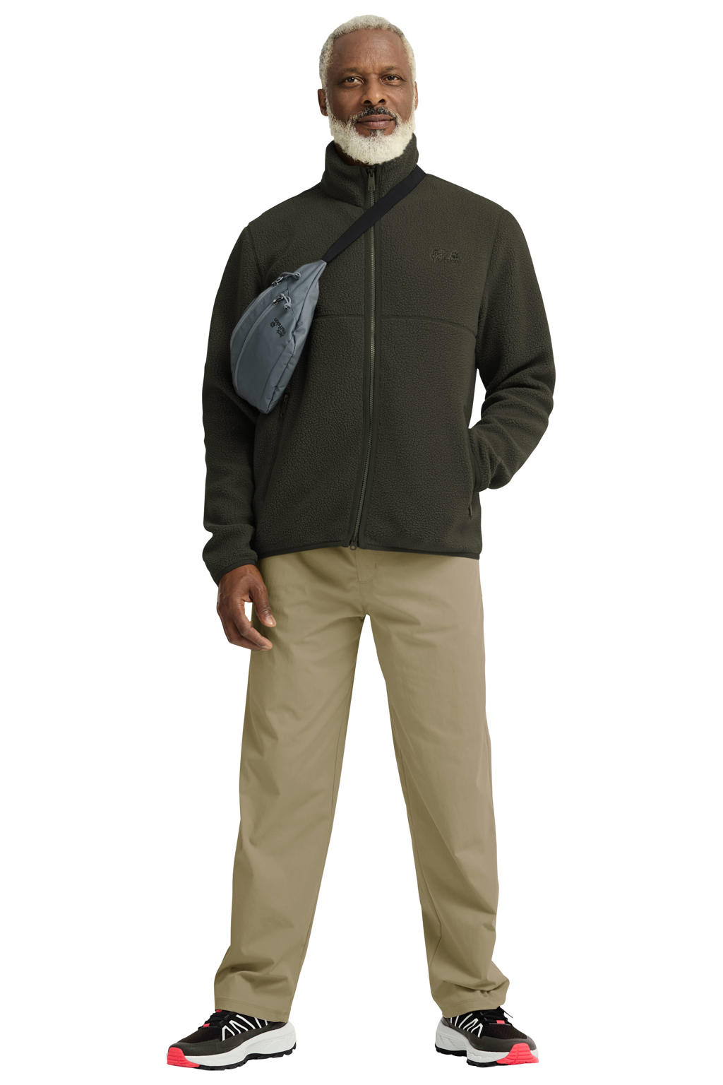 Donkergroene heren Jack Wolfskin vest met lange mouwen, opstaande kraag en ritssluiting