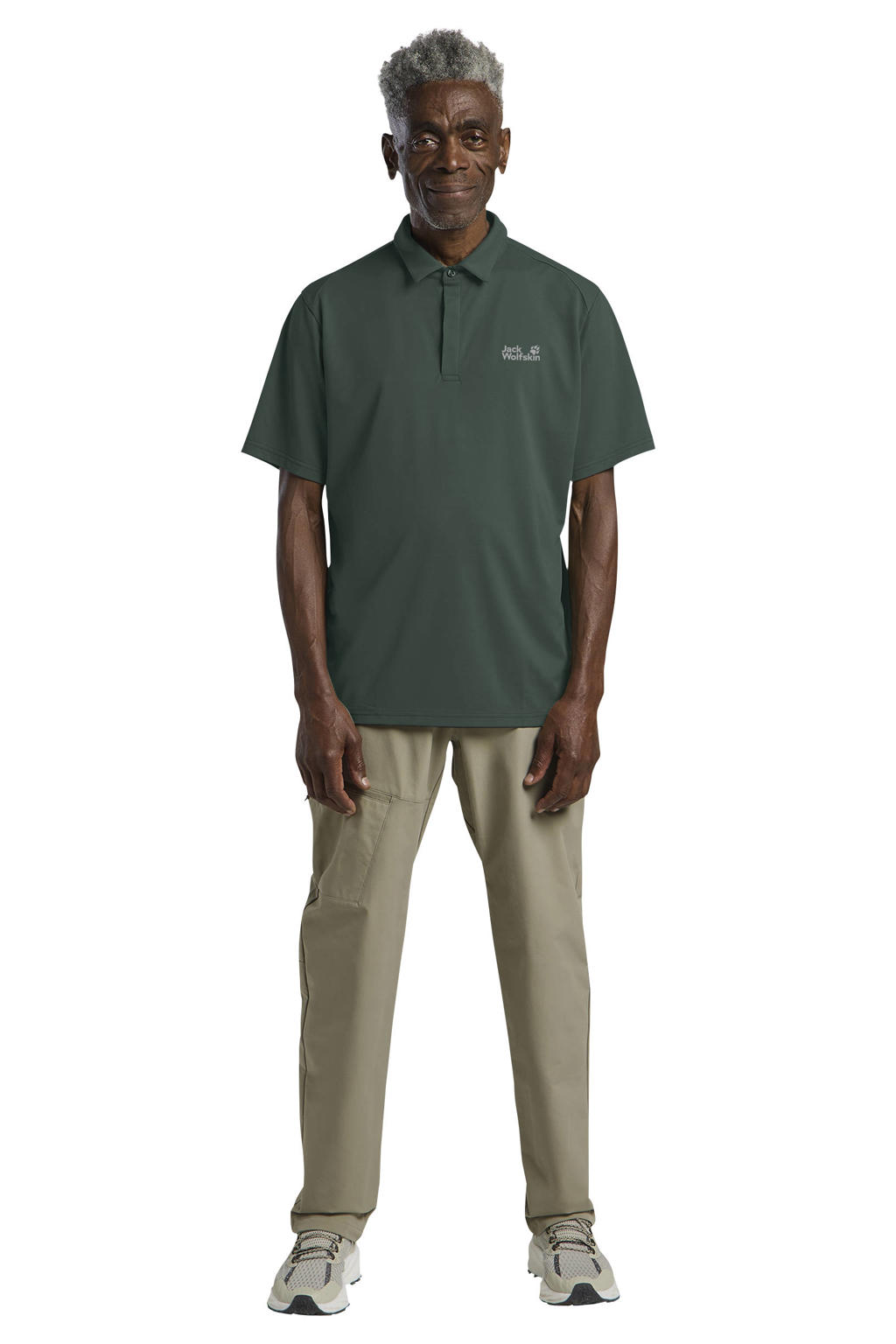 Groene heren Jack Wolfskin polo met effen, korte mouwen, klassieke kraag en knoopsluiting