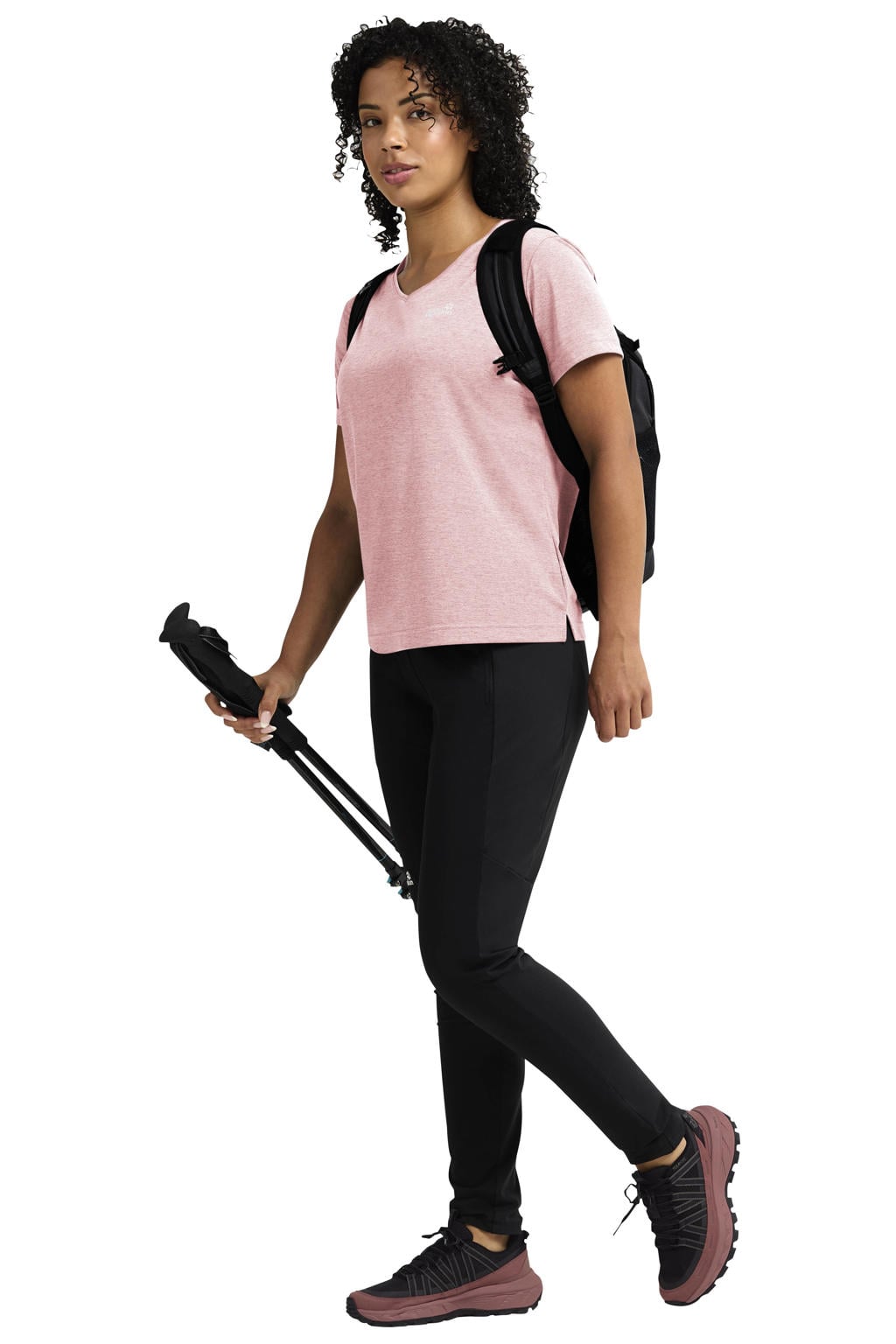 Roze dames Jack Wolfskin T-shirt van polyester met melée print, korte mouwen en V-hals