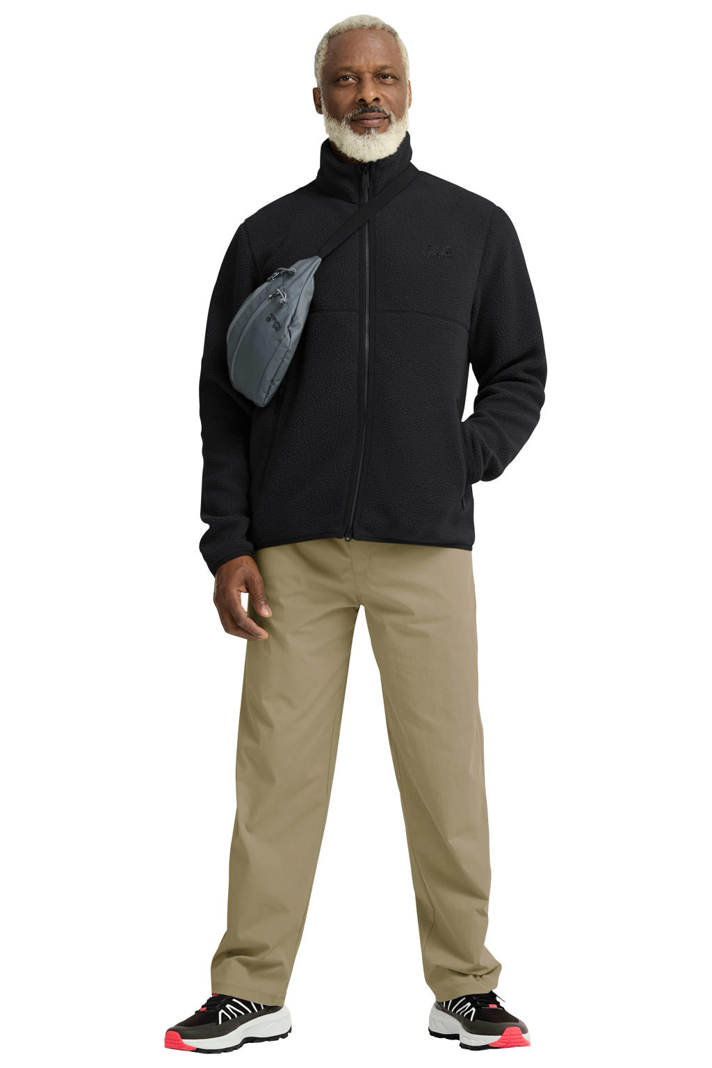 Zwarte heren Jack Wolfskin vest met lange mouwen, opstaande kraag en ritssluiting