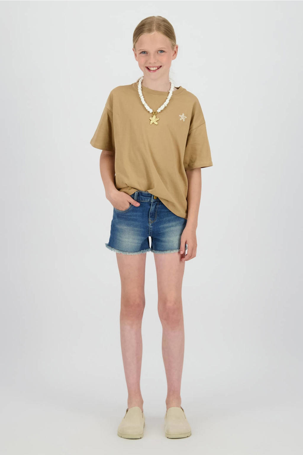 Medium blue denim meisjes Raizzed regular waist short van denim met loose fit, rits- en knoopsluiting en effen