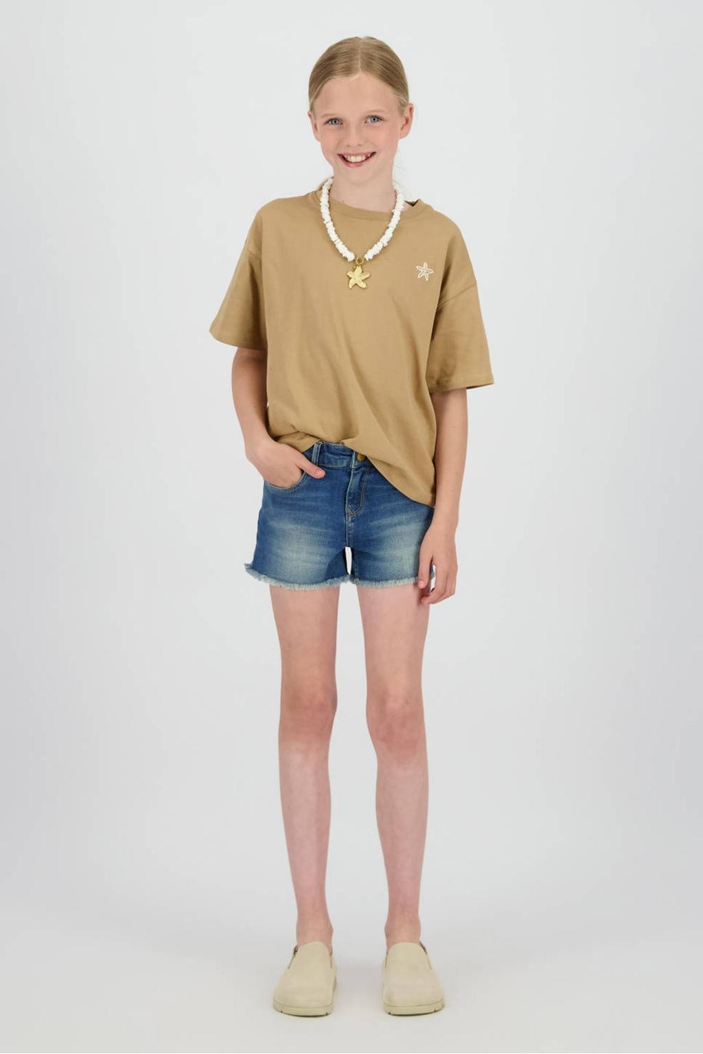 Camelkleurige meisjes Raizzed T-shirt van katoen met backprint, korte mouwen en ronde hals