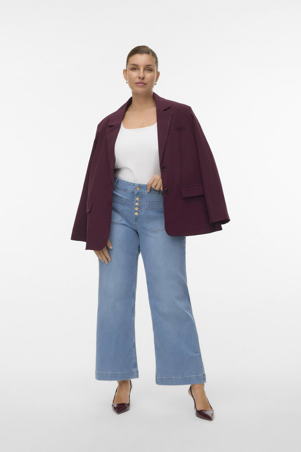 Medium blue denim dames VERO MODA CURVE high waist wide leg jeans van denim met rits- en knoopsluiting en effen