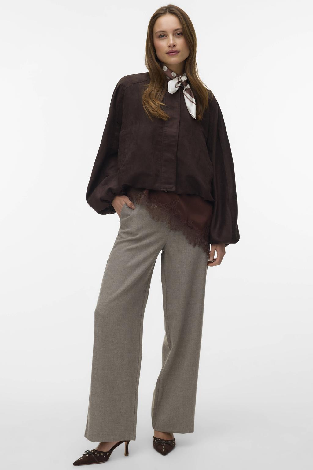 Donkerblauwe dames VERO MODA bomberjack van suèdelook met effen, lange mouwen, ronde hals, ritssluiting en geweven detail