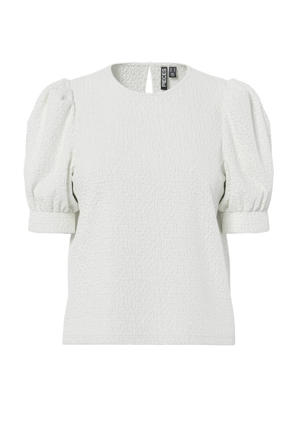 Witte dames PIECES Curve top van polyester met effen, korte mouwen en ronde hals