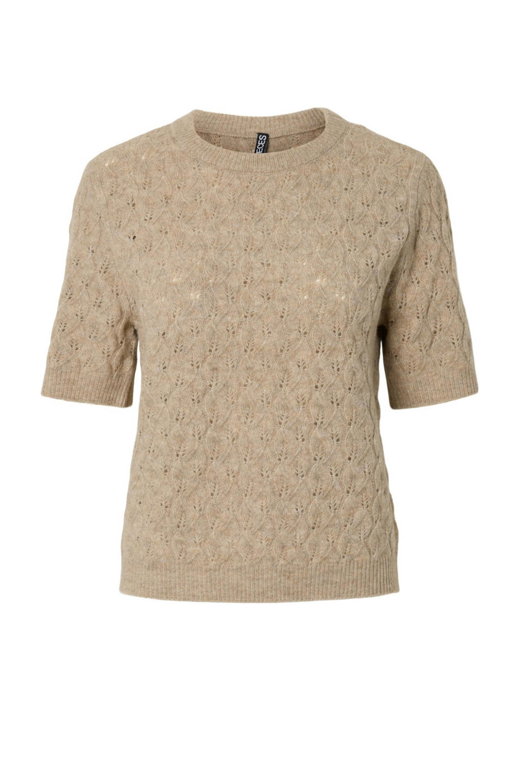 Beige dames PIECES Curve top van polyester met effen, korte mouwen, ronde hals en borduursels