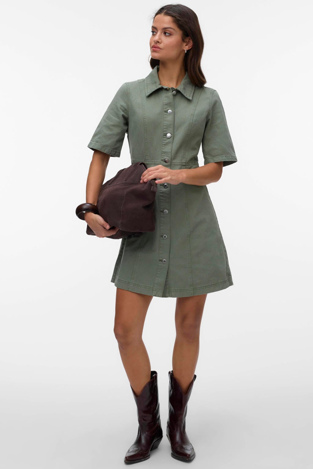 Groene dames VERO MODA spijkerjurk van katoen met effen, korte mouwen, button down sluiting en knoopsluiting