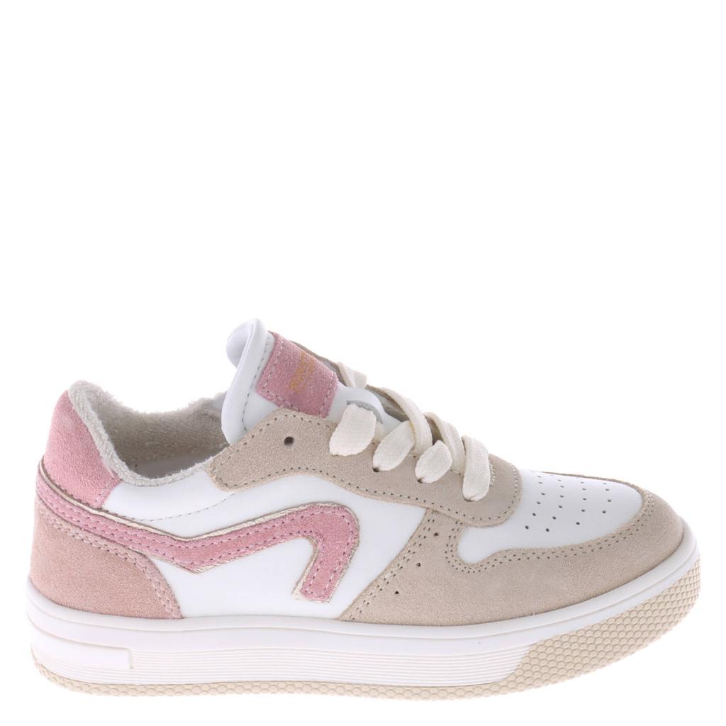 Wit en roze meisjes Hip leren sneakers van suède+leder met rits- en vetersluiting