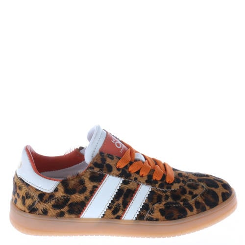 Hip leren sneakers panterprint/oranje – Bruin/oranje/wit