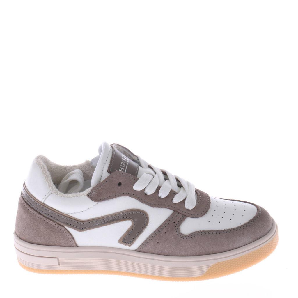 Wit en taupe meisjes Hip leren sneakers van suède+leder met rits- en vetersluiting