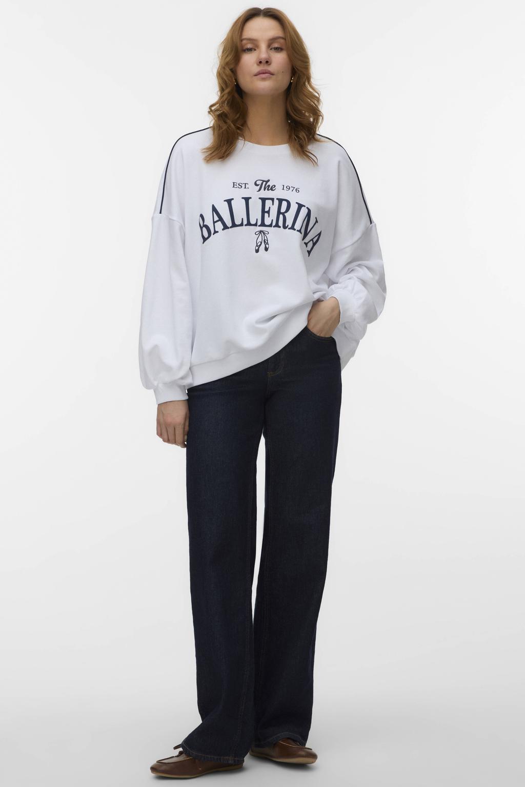 Witte dames VERO MODA sweater van katoen met tekst print, lange mouwen en ronde hals