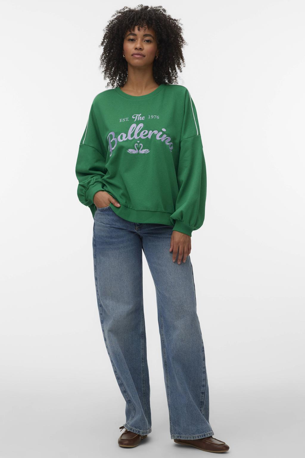 Groene dames VERO MODA sweater van katoen met tekst print, lange mouwen en ronde hals
