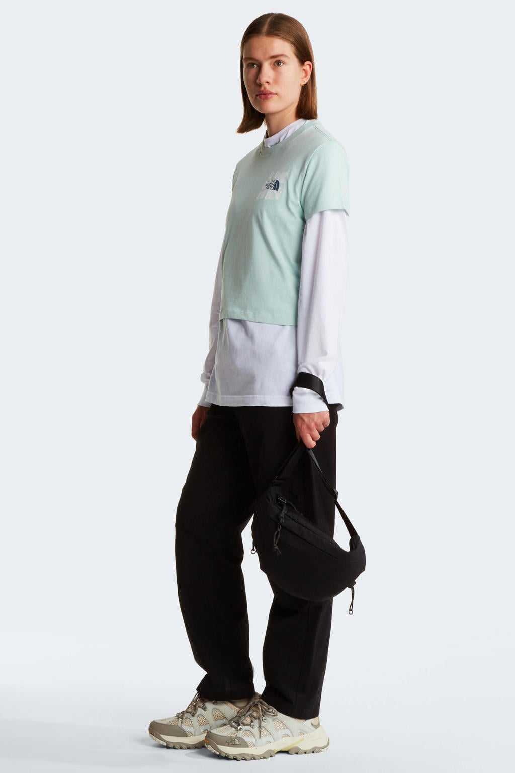 Lichtblauwe dames The North Face T-shirt Sun van katoen met backprint, korte mouwen en ronde hals