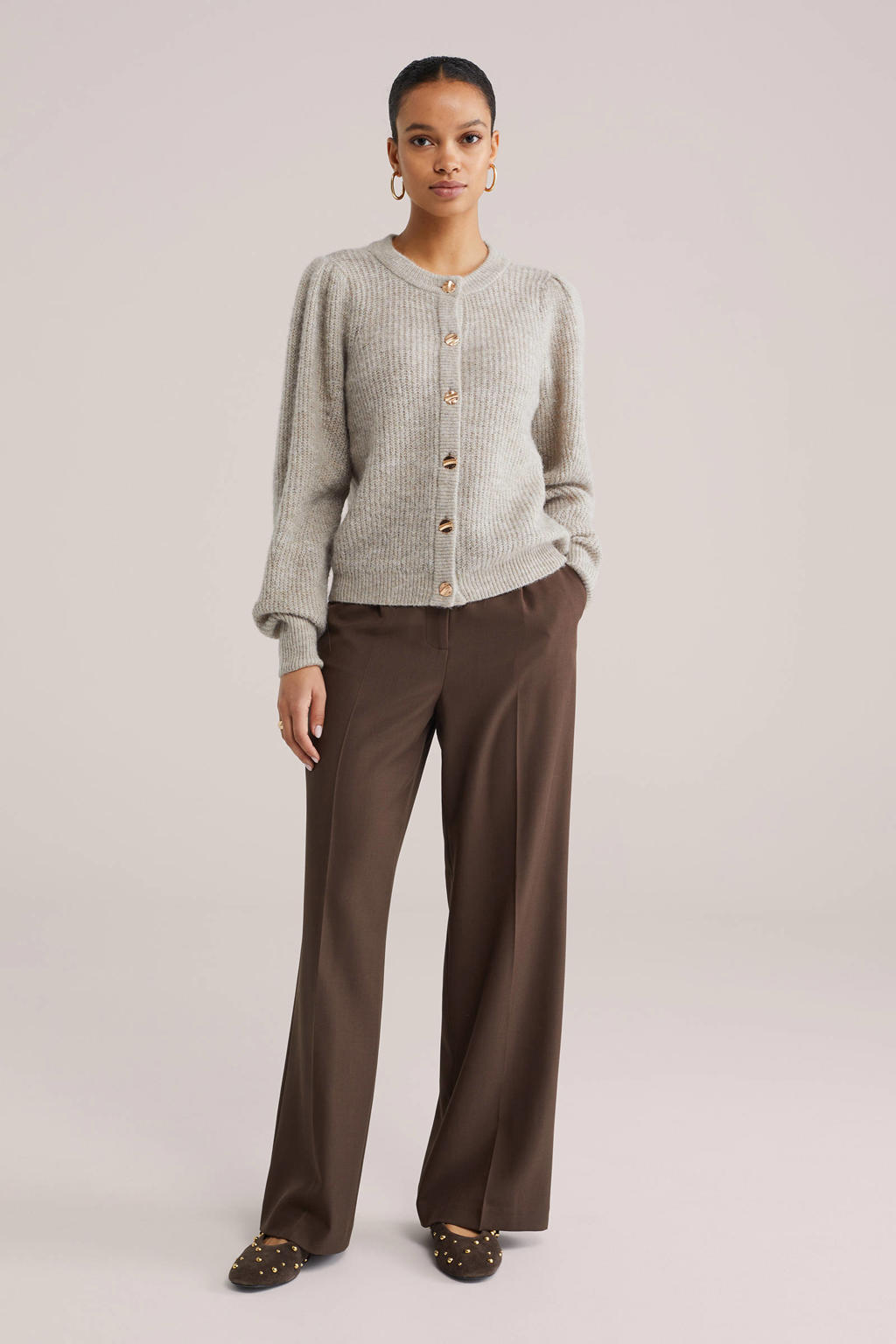 Beige dames WE Fashion gebreid vest melange met effen, lange mouwen, ronde hals en knoopsluiting